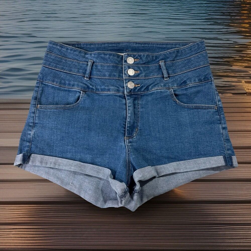 Garage Ultra High Waist Shorts 11 (W30 Inseam 2) Blue Stretch Cuffed Juniors